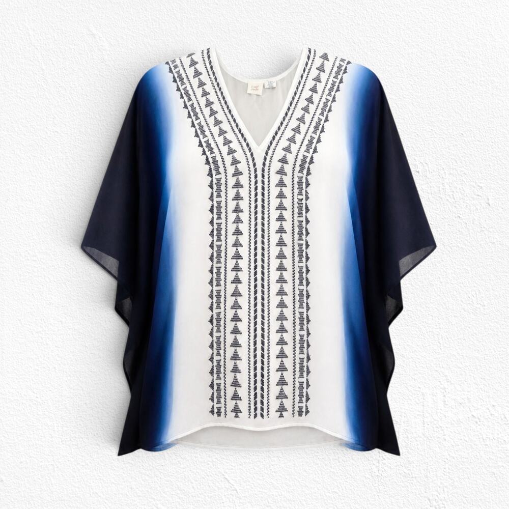 Surf Gypsy Blue White Ombre Embroidered Poncho Caftan Cover Up Size Medium